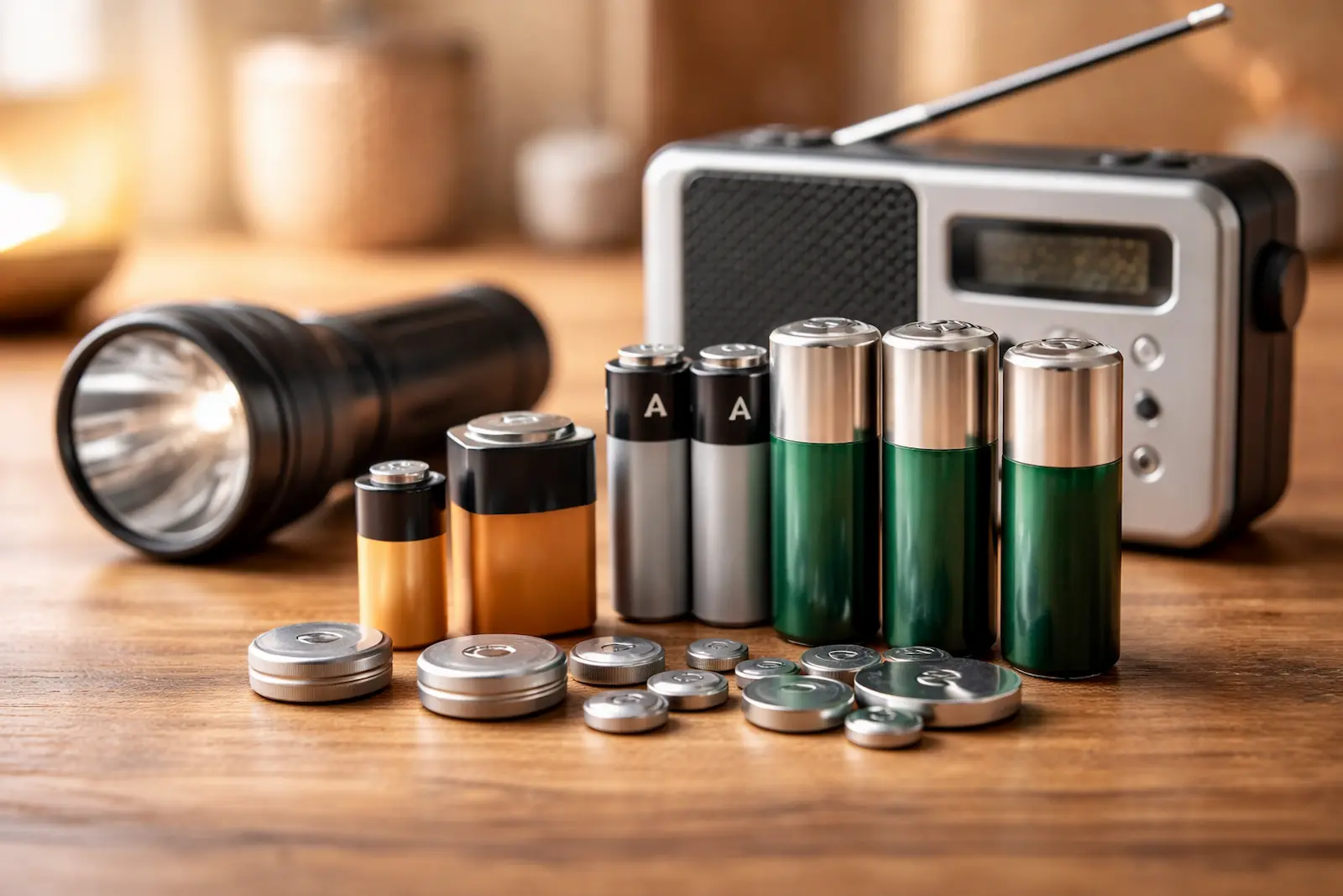 Verschiedene Batterietypen im Haushalt mit Taschenlampe und kleinem Radio auf einem Tisch