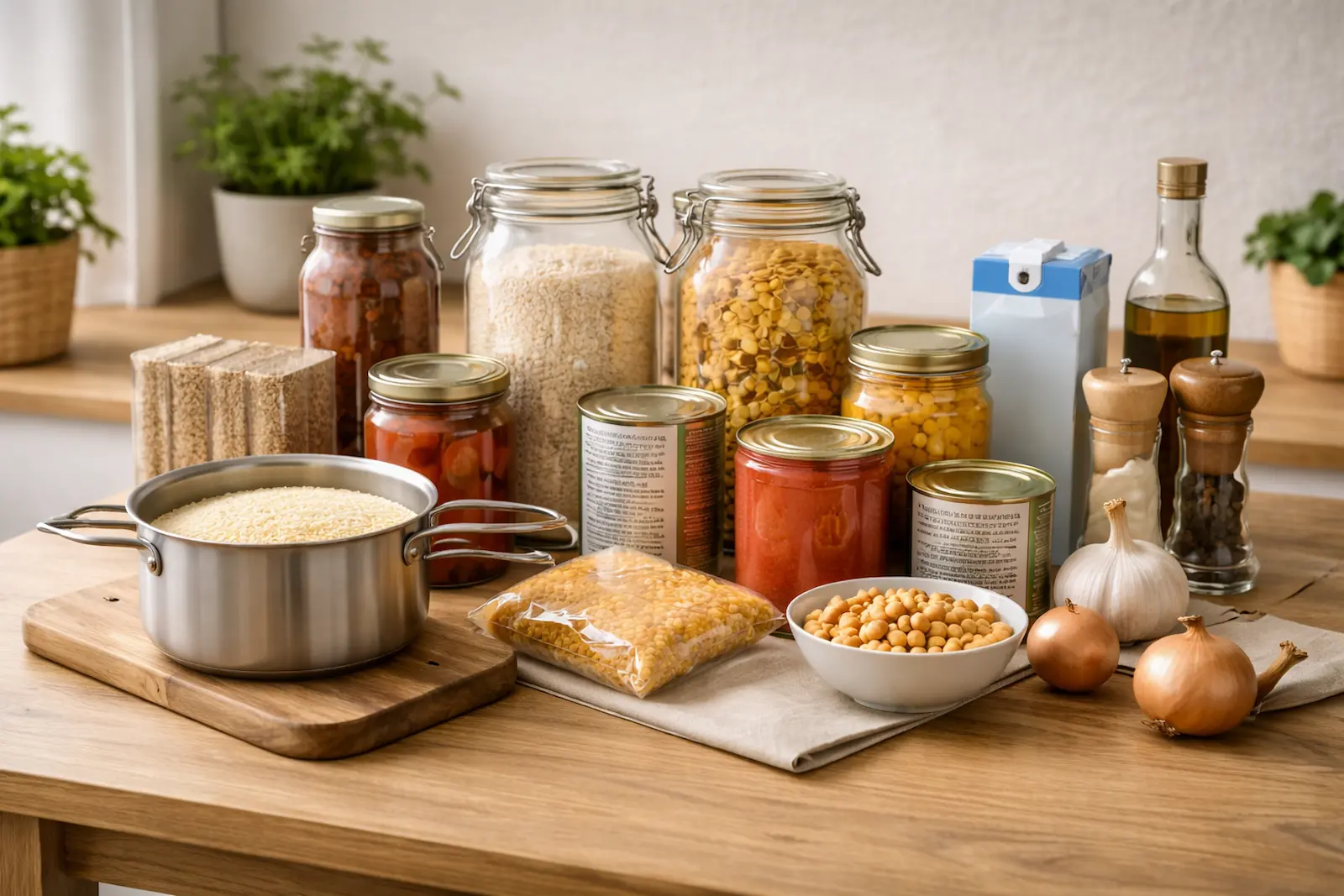 Heller Küchentisch mit Reis, Nudeln, Linsen, Konserven, Knäckebrot und kleinem Topf als einfache Vorratsgerichte für den Notfall