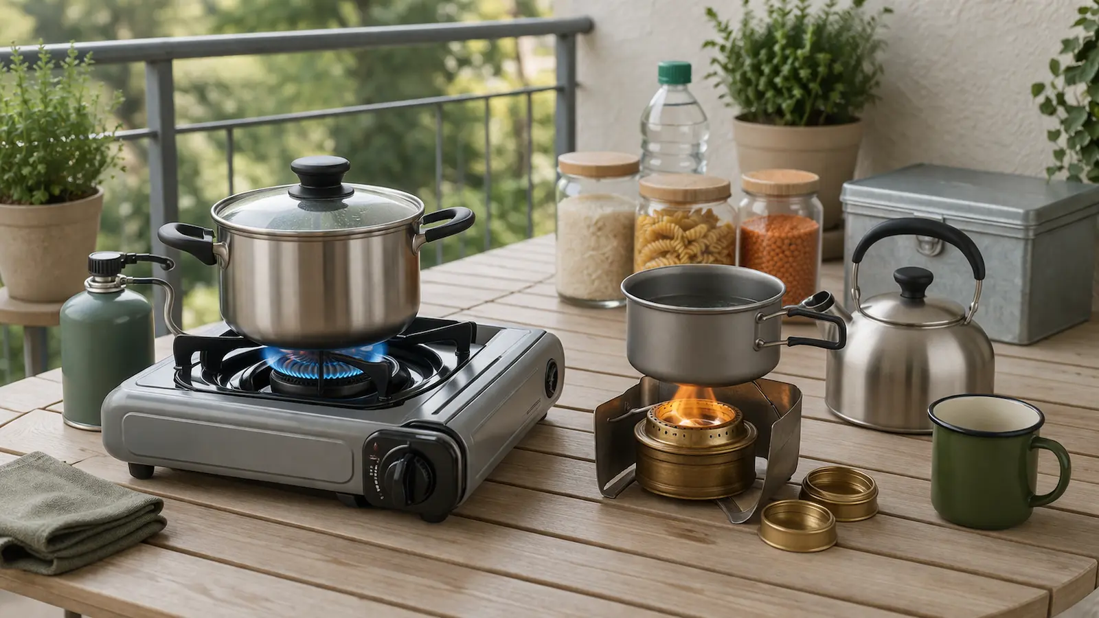 Gaskocher und Spirituskocher mit Topf, Wasserkessel und einfachen Vorräten als Vergleich für das Kochen ohne Strom zuhause