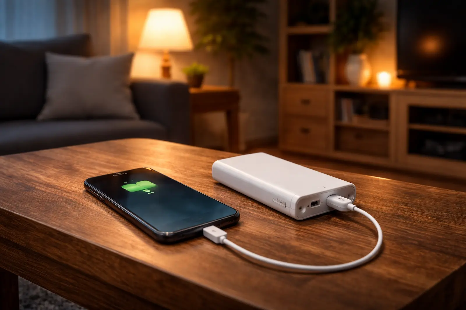 Smartphone wird bei Stromausfall mit einer Powerbank auf einem Tisch geladen