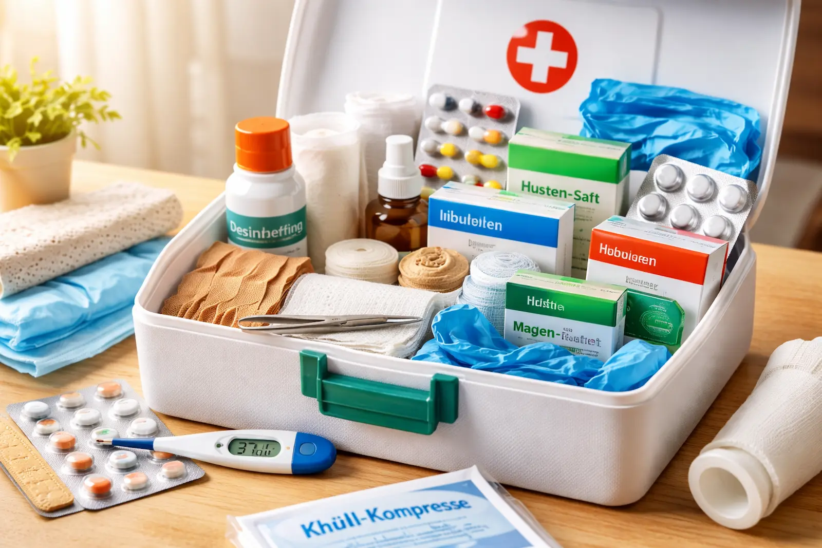 Hausapotheke zuhause mit Pflastern, Verbandsmaterial, Medikamenten und Thermometer übersichtlich angeordnet