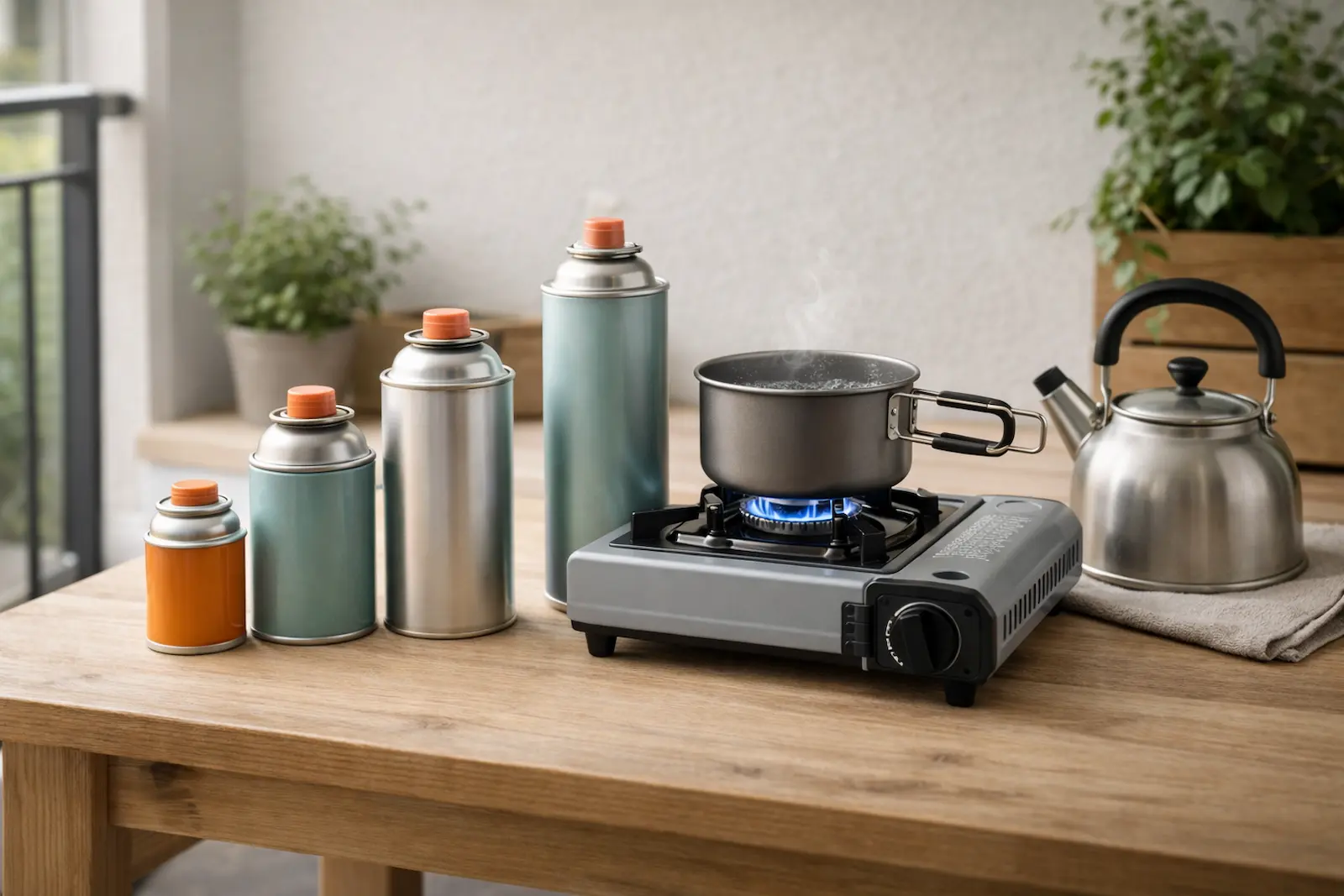 Verschiedene Kartuschen für Campingkocher neben einem schlichten Campingkocher, Topf und Wasserkessel als Überblick für das Kochen ohne Strom zuhause
