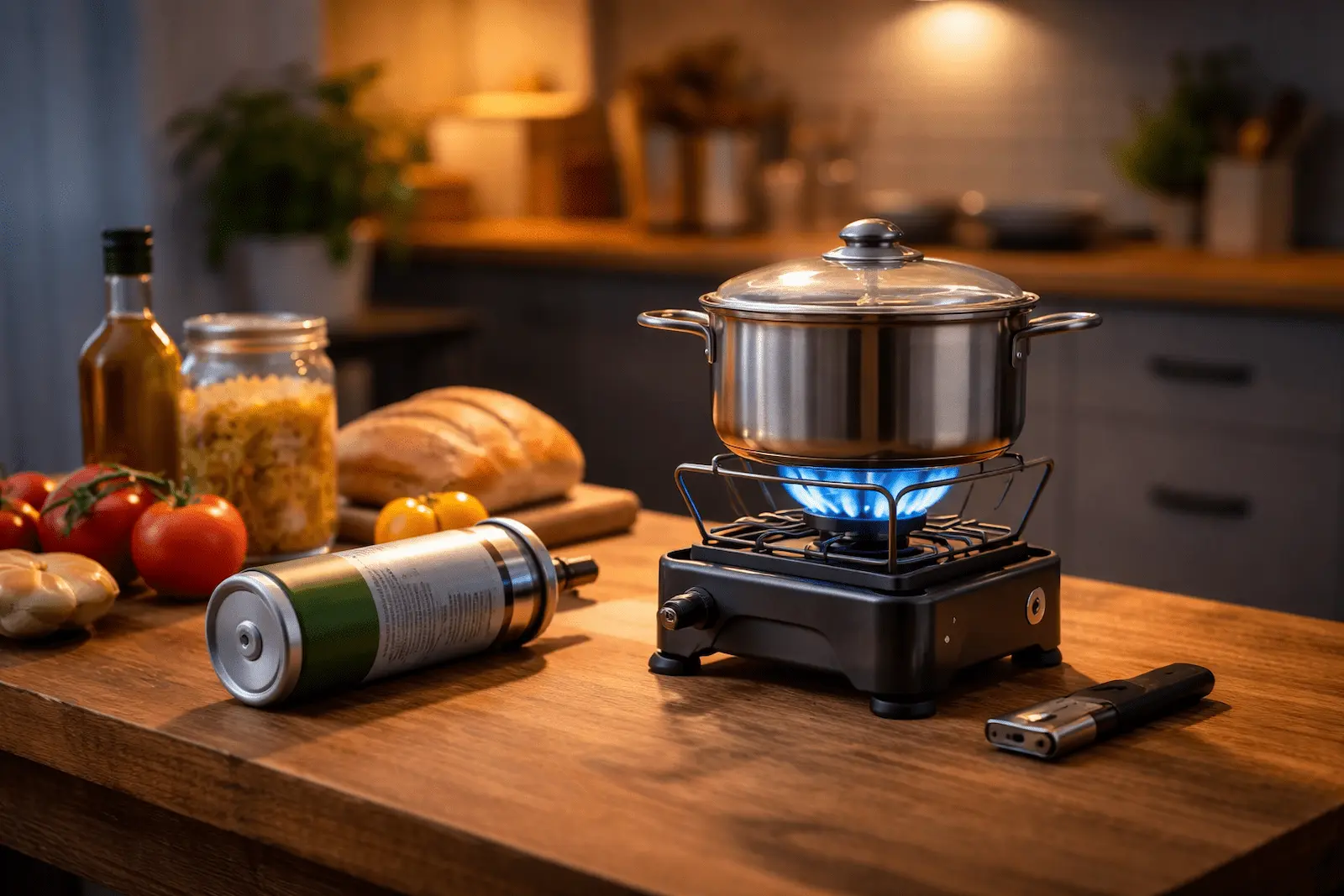 Kochen ohne Strom zuhause mit Campingkocher und Topf auf einer Küchenarbeitsfläche