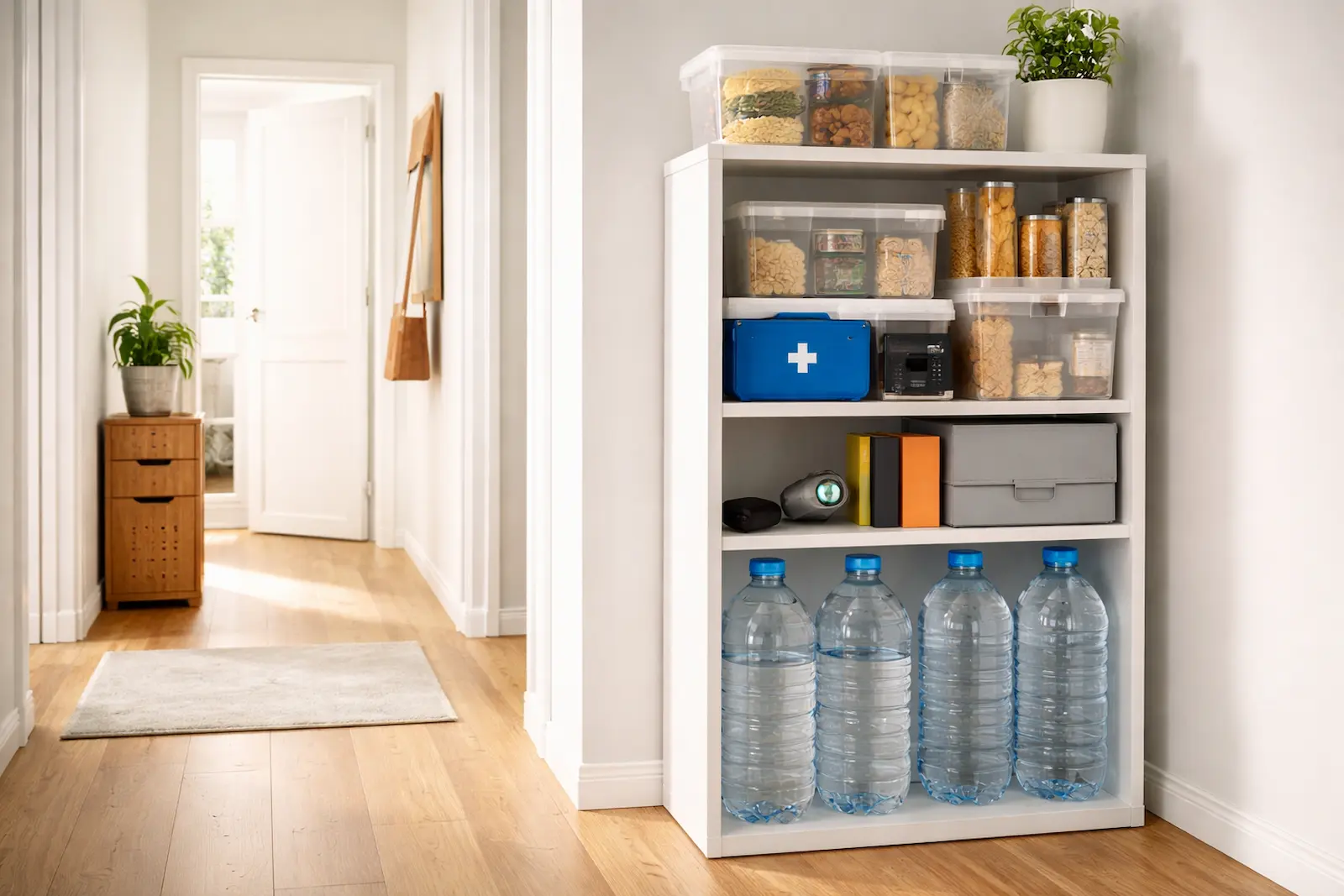 Helle kleine Wohnung mit schmalem Regal im Flur, Vorratsboxen, Wasserkanistern, Taschenlampe, Powerbank und Dokumentenmappe für platzsparende Krisenvorsorge