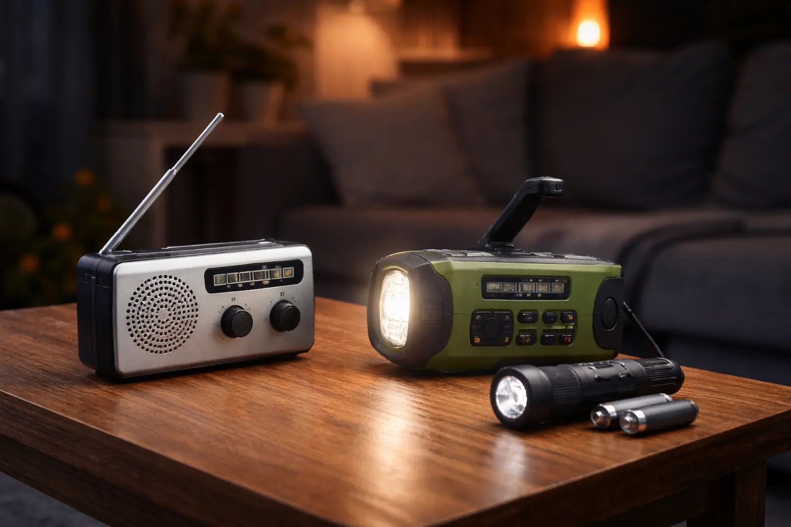 Kurbelradio und Batterieradio als Notfalllösung bei Stromausfall auf einem Wohnzimmertisch