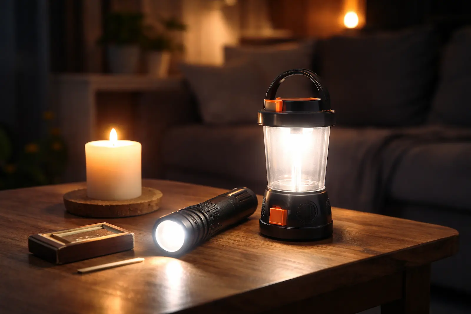 LED-Laterne, Taschenlampe und Kerze als Lichtquellen bei Stromausfall auf einem Wohnzimmertisch