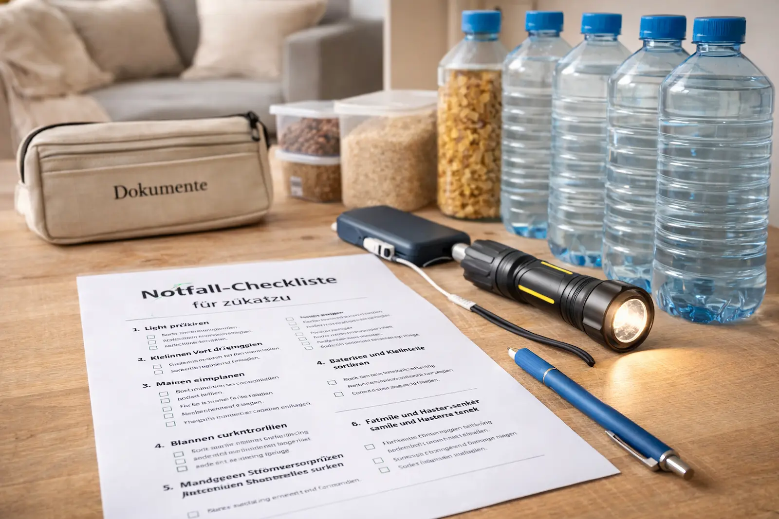 Heller Wohnbereich mit gedruckter Notfall-Checkliste, Taschenlampe, Powerbank, Wasserflaschen, Vorratsdosen und Dokumentenmappe für die Vorsorge zuhause