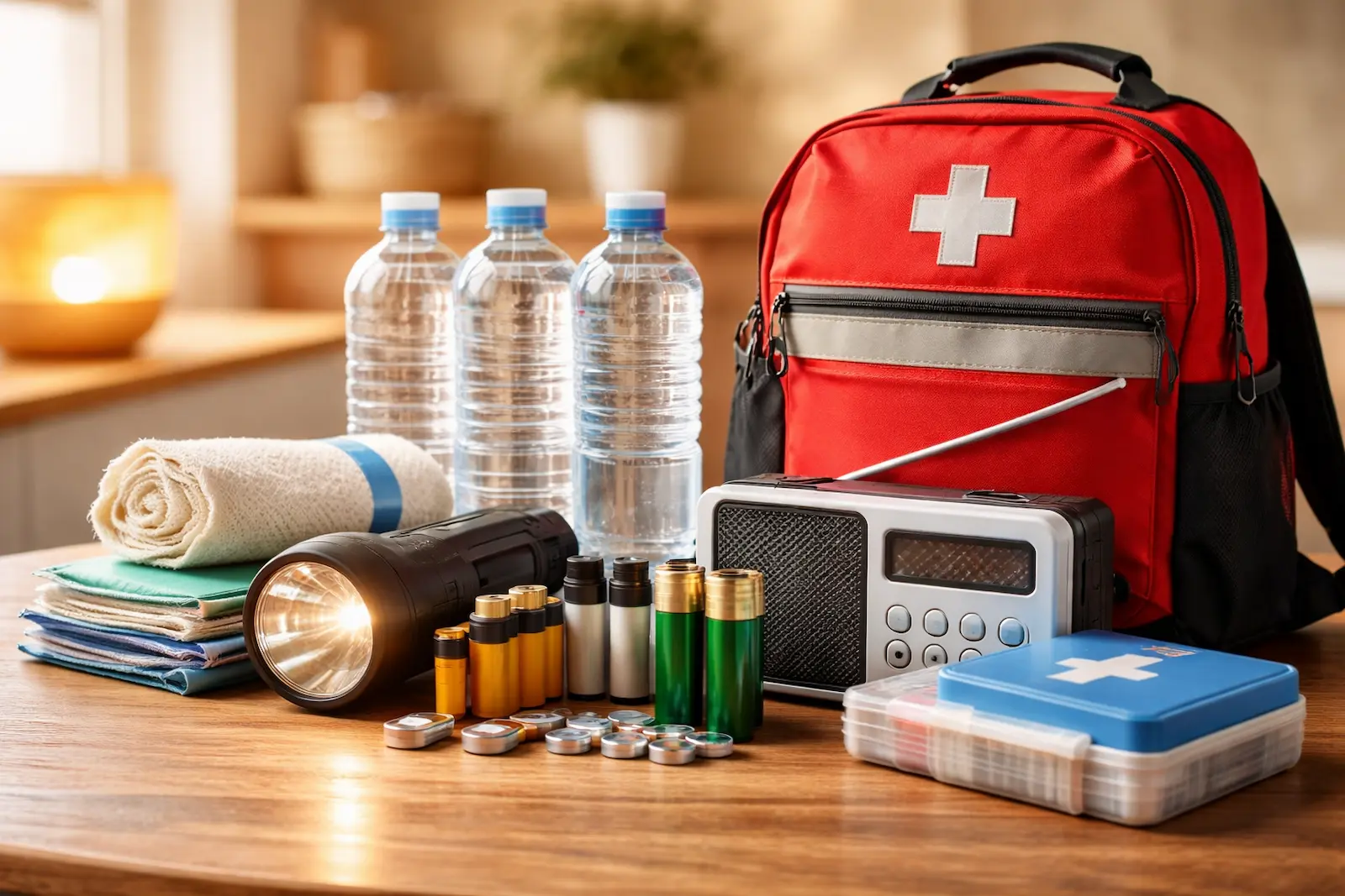 Notfallausrüstung für zuhause mit Taschenlampe, Batterien, Radio, Wasser und Erste-Hilfe-Set auf einem Tisch