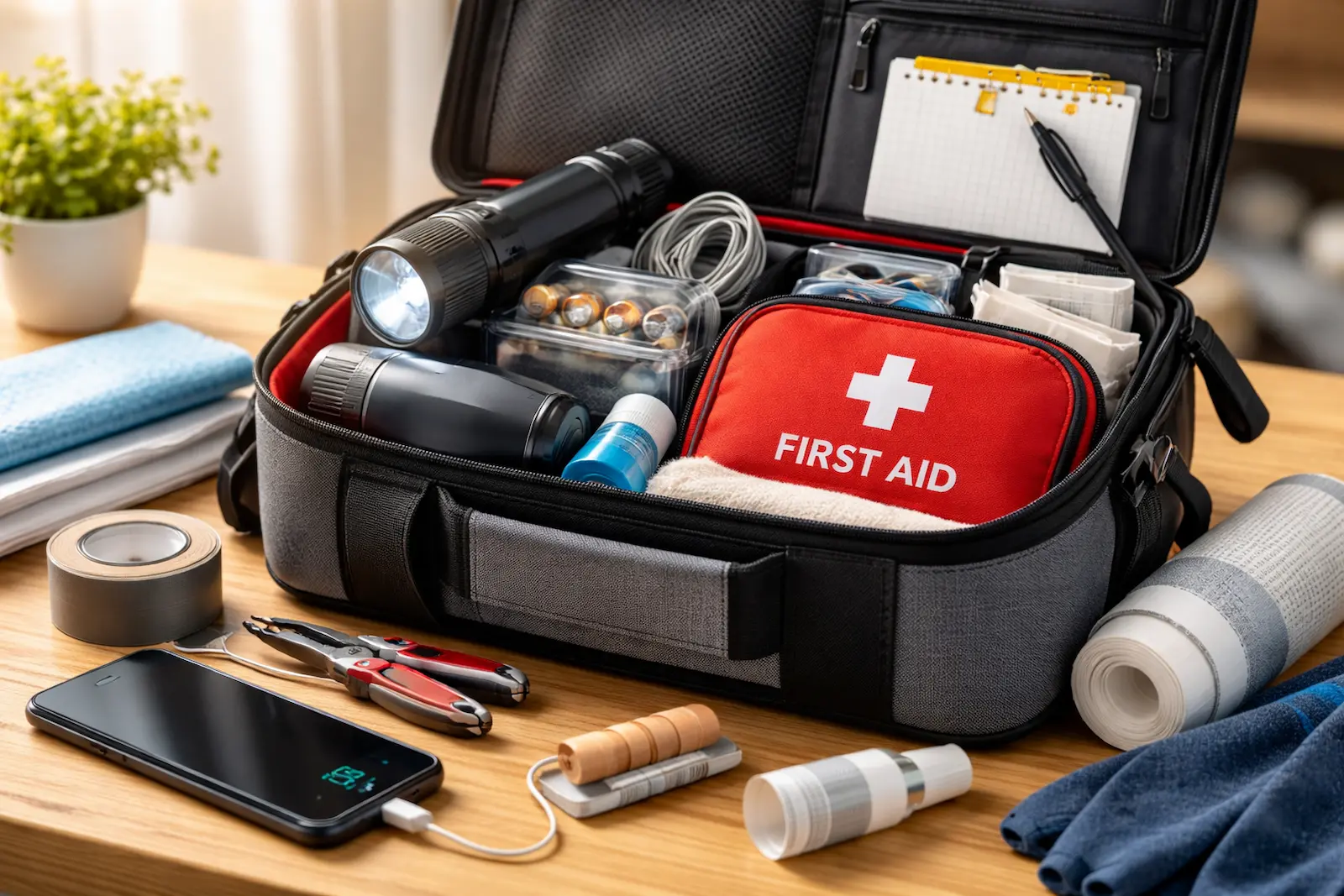 Notfalltasche für zuhause mit Taschenlampe, Powerbank, Erste-Hilfe-Set und wichtigen Alltagshelfern auf einem Tisch