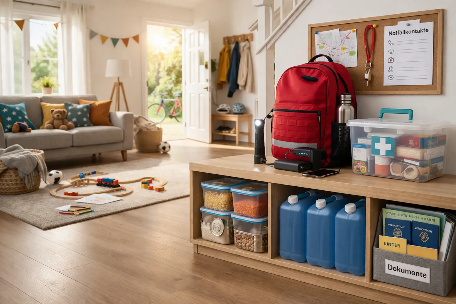 Heller Familienwohnbereich mit Notfalltasche, Vorratsbehältern, Wasserkanistern, Hausapotheke, Taschenlampe und Dokumentenmappe für alltagstaugliche Notfallvorsorge