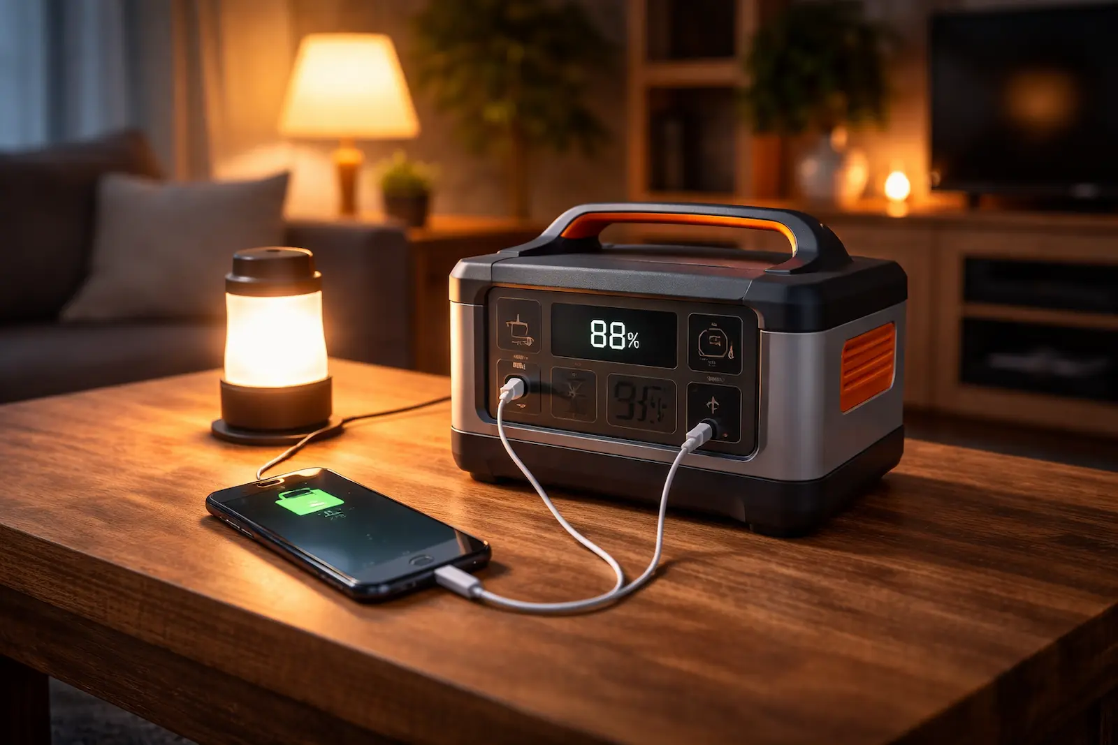 Notstrom für zuhause mit Powerstation, LED-Lampe und Smartphone auf einem Tisch