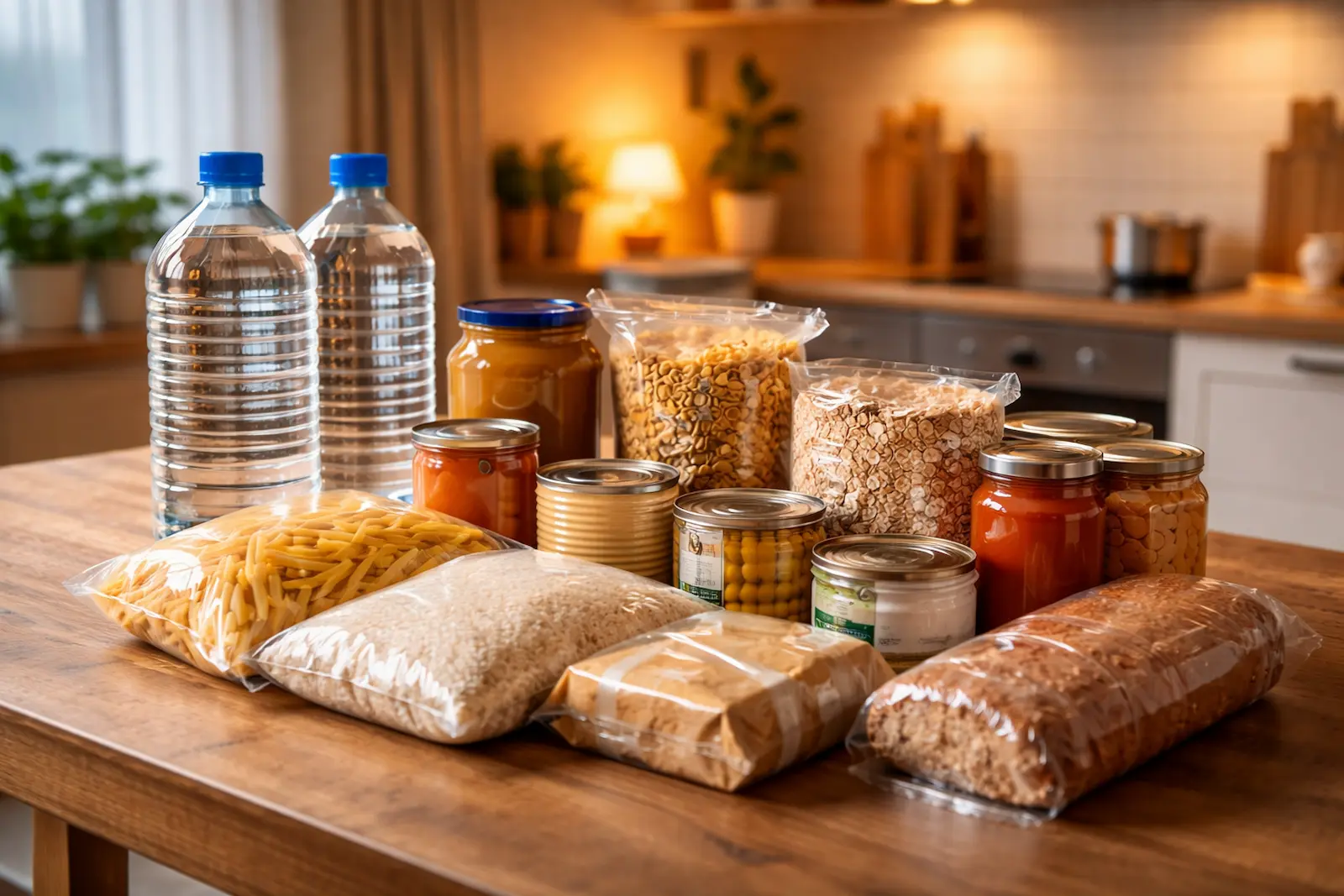 Notvorrat für zuhause mit Wasser, Konserven, Reis und haltbaren Lebensmitteln auf einem Tisch