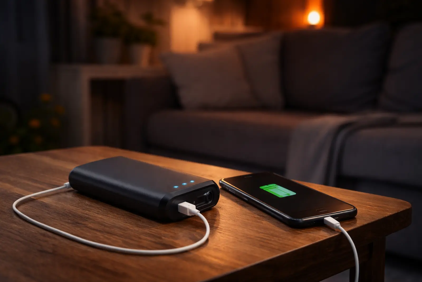 Powerbank lädt ein Smartphone bei Stromausfall auf einem Wohnzimmertisch