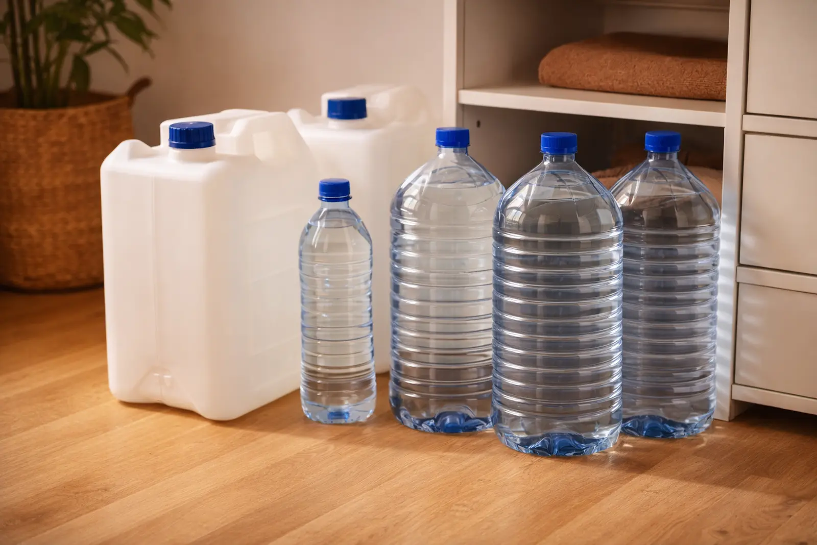 Wasserkanister und Trinkwasserflaschen als Wasservorrat zuhause auf dem Boden gelagert