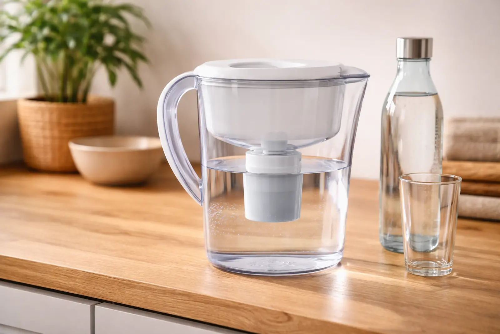 Wasserfilter für zuhause als Filterkanne auf einer Küchenarbeitsfläche mit Glasflasche und Trinkglas