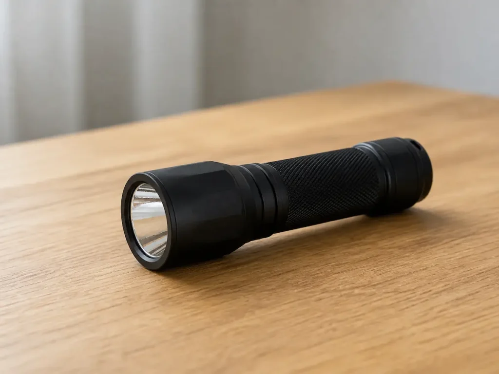 Schwarze Taschenlampe als Notfalllicht auf einem Holztisch
