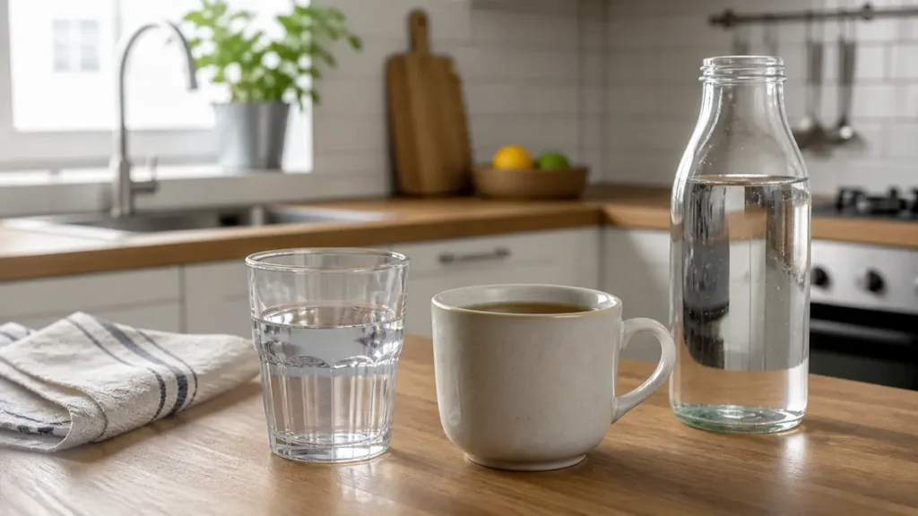Glas Wasser und Tasse Tee als Beispiel für Wasserbedarf zuhause